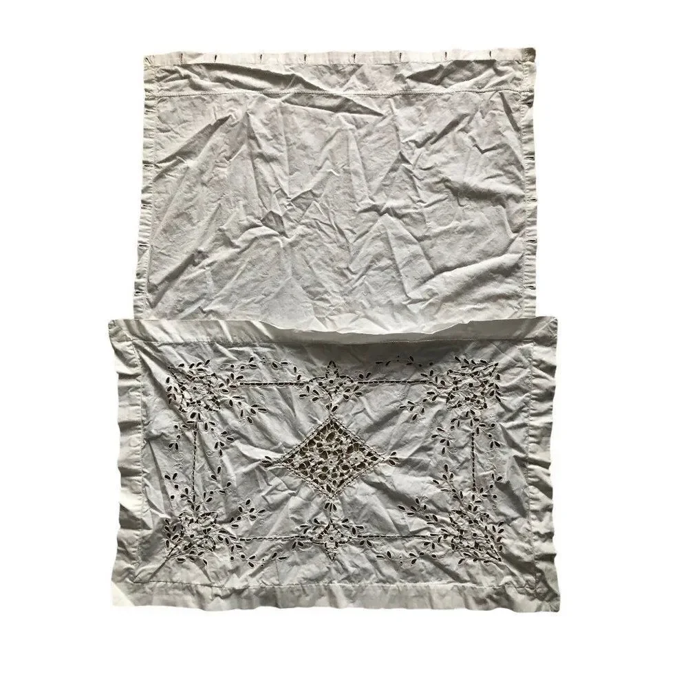 Vintage Hand Embroidered Pillowcase White Cut Work 28” x 18”